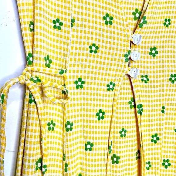 Vintage 90s Flower Power Gingham Maxi Dress Layers Gathers Ties Yellow Stretch S - Picture 2 of 7